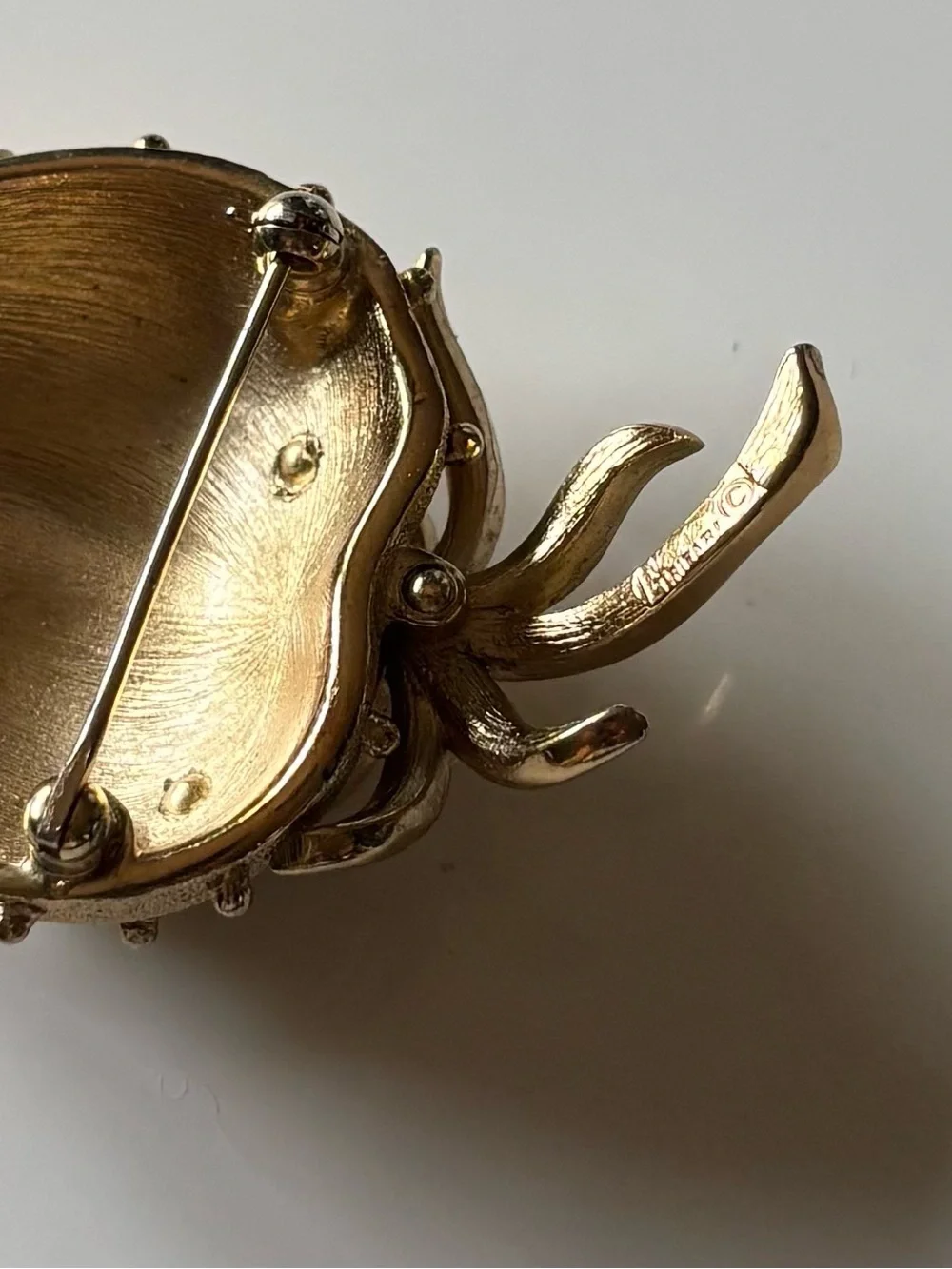 Vintage Signed Trifari Gold Tone Strawberry BroochTextured Satin Finish Fruit